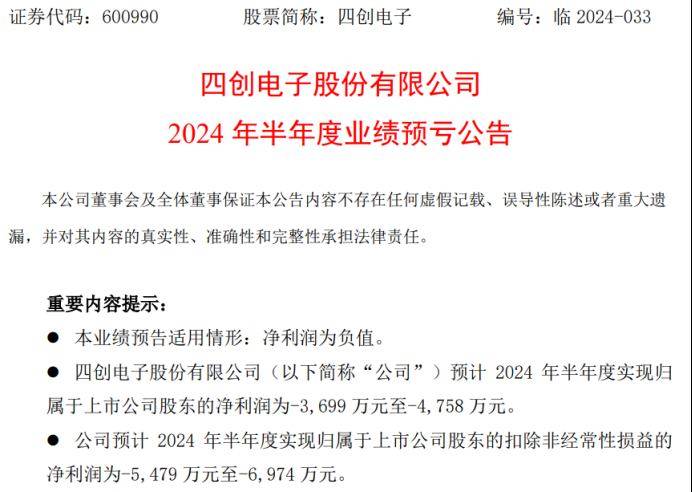 四创电子2024年上半年预计亏损3699万-4758万 营业收入规模未达盈亏平衡点