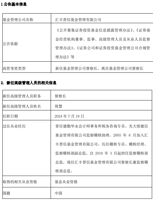 香港本期开奖结果今晚_汇丰晋信基金新任周慧为督察长 古韵转任公司治理董事  第1张