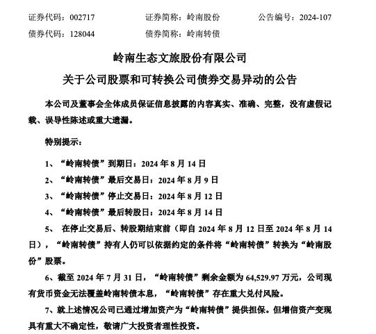 岭南股份：公司现有货币资金尚不足覆盖岭南转债兑付金额 岭南转债存在兑付风险  第2张